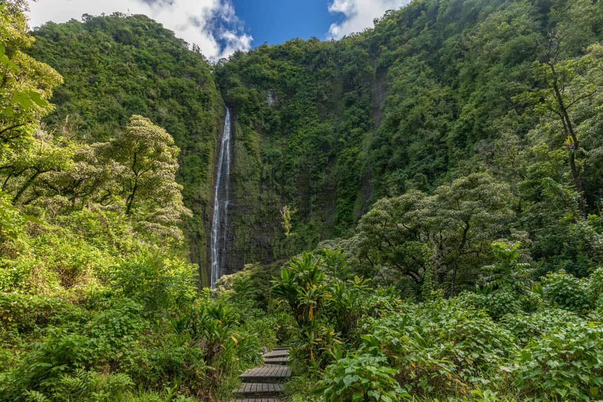 Waimoku Falls, one of the tallest Maui waterfalls, in the Haleakala National Park, Maui