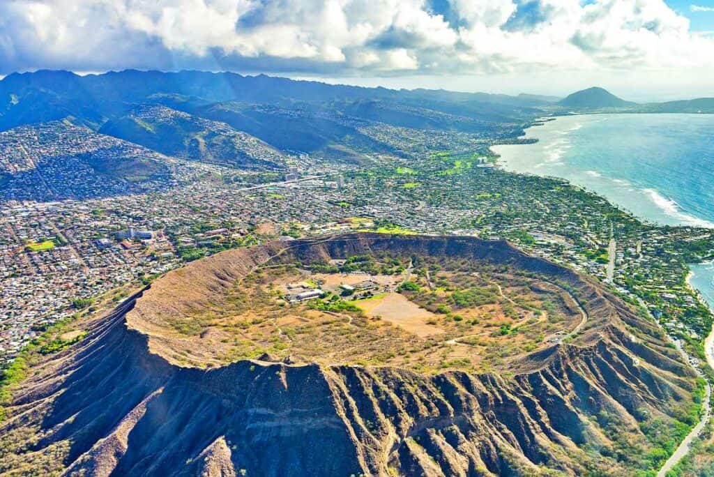 Aerial view of the Diamond Head volcanic crater