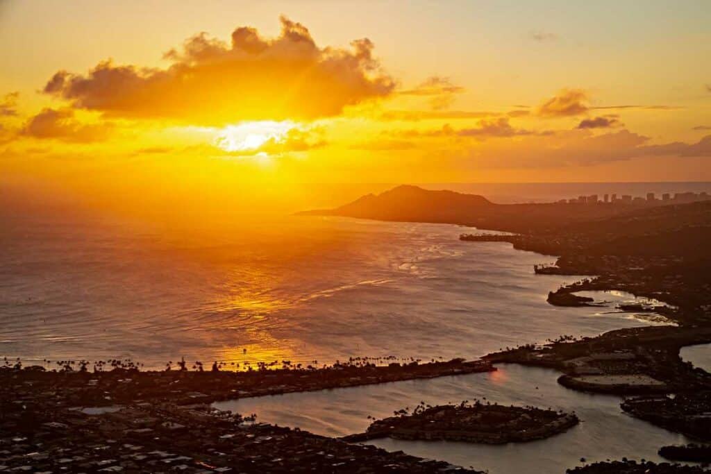 Stunning sunset with Diamond Head in the distance from the summit of Koko Head Crater.