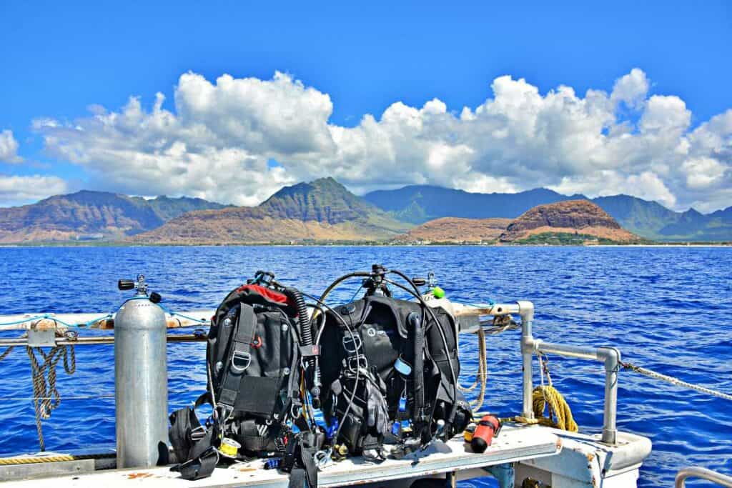 Diving and snorkeling gear on a dolphin excursion in Oahu, Hawaii