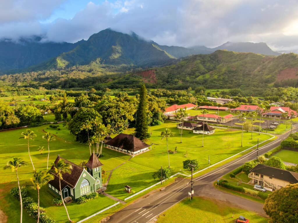 An aerial view of Hanalei on the north shore of Kauai, HI