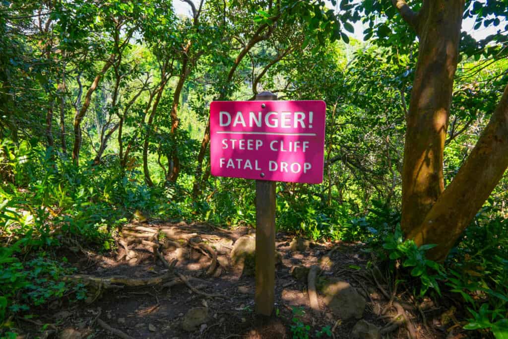 A warning sign along the Pipiwai Trail in Maui