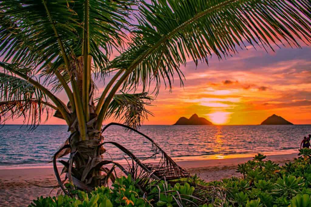 A gorgeous tropical sunrise over Lanikai Beach in Kailua, Oahu, Hawaii