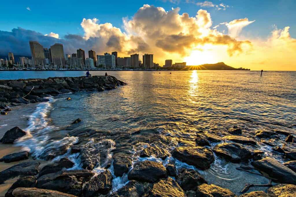 Beautiful sunrise in Waikiki, Honolulu, Oahu, Hawaii