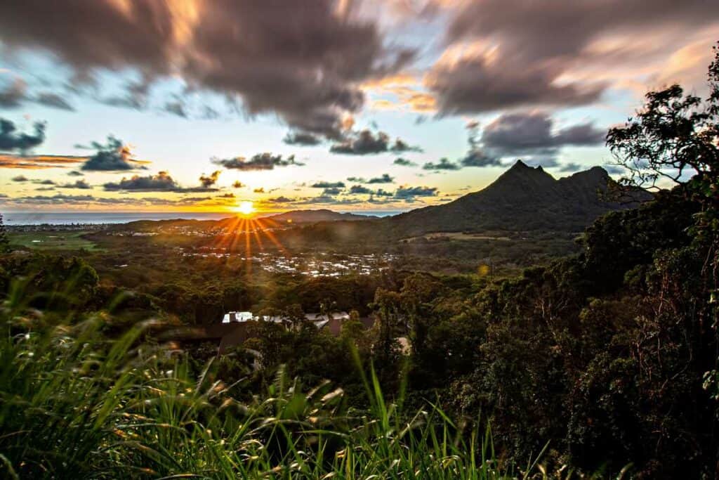 Sunrise from the Pali Lookout on the island of Oahu in Hawaii.  