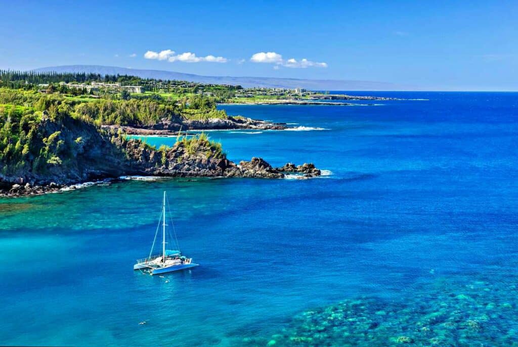 Snorkeling boat tour from Lahaina to a secluded cove north of Kapalua, Maui, Hawaii.