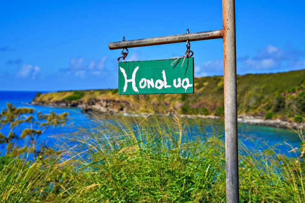 Handwritten sign hanging in Honolua Bay along the Honoapiilani Highway near Lahaina in the west of Maui island - Famous snorkeling spot