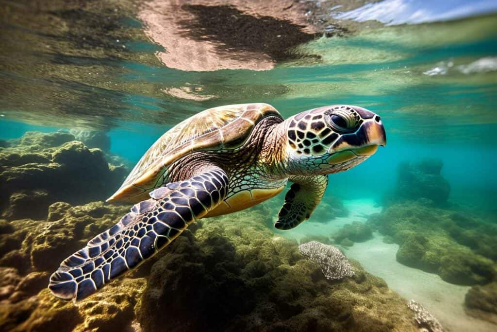 Sea turtle navigating coral reef
