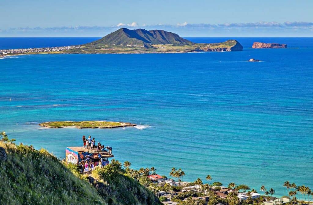 Kailua Bay from the Lanikai Pillbox hike, one of the best easy Oahu hikes on the east side