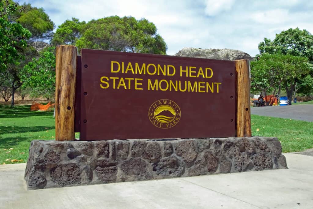 The sign for Diamond Head State Monument near Waikiki on Oahu
