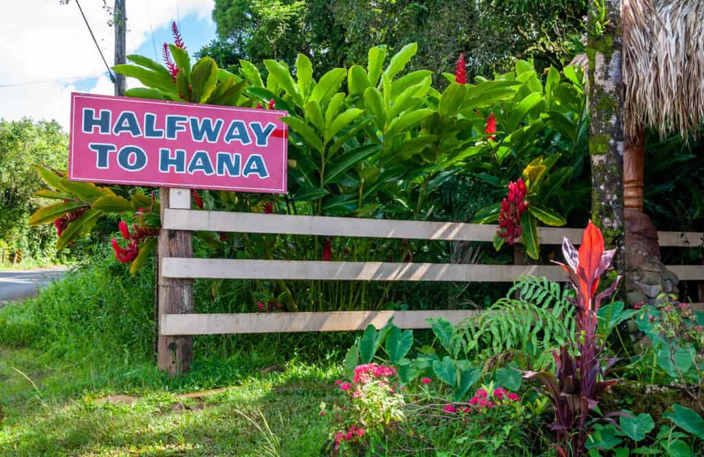 Halfway to Hana sign along the Hana Highway in Maui, HI