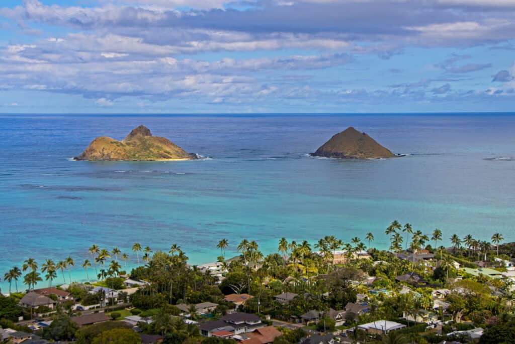 A view of the Mokulua Islands from the Lanikai Pillbox Hike on Oahu