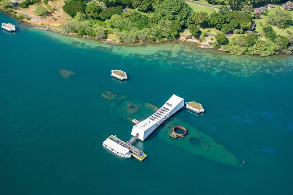 An aerial view of the USS Arizona Memorial at Pearl Harbor in Oahu, HI