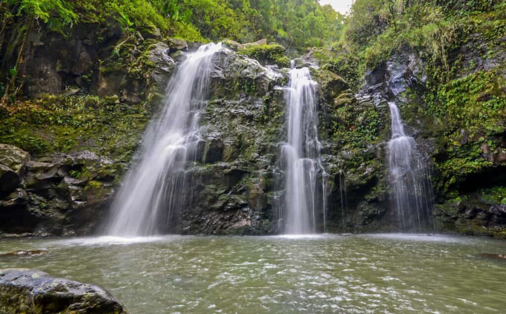 Upper Waikani Falls, one of the many waterfalls of Maui on the road to Hana