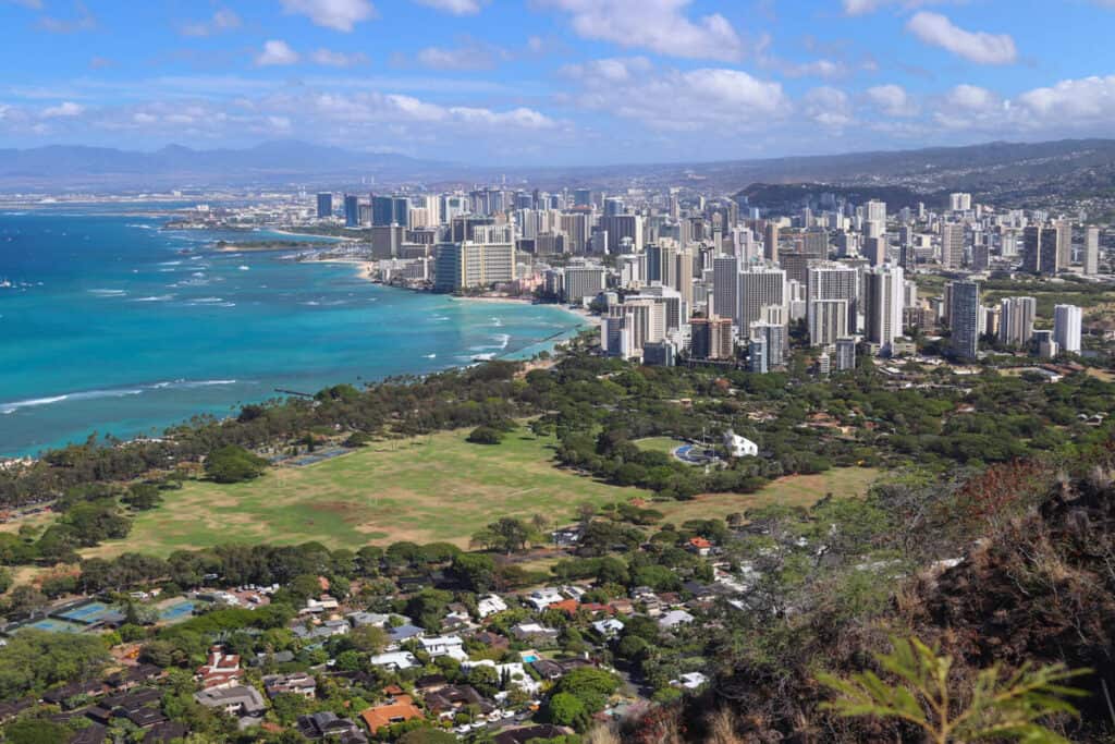 The picture postcard view from the summit of Diamond Head Crater on Oahu