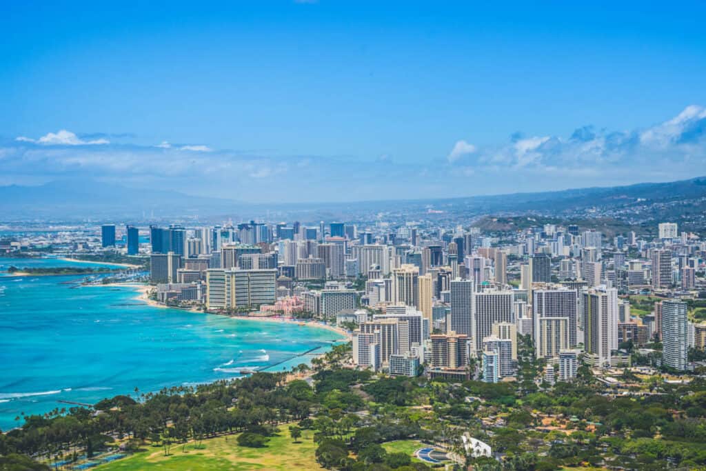 View of Waikiki from the summit of the Diamond Head Crater in Oahu, HI