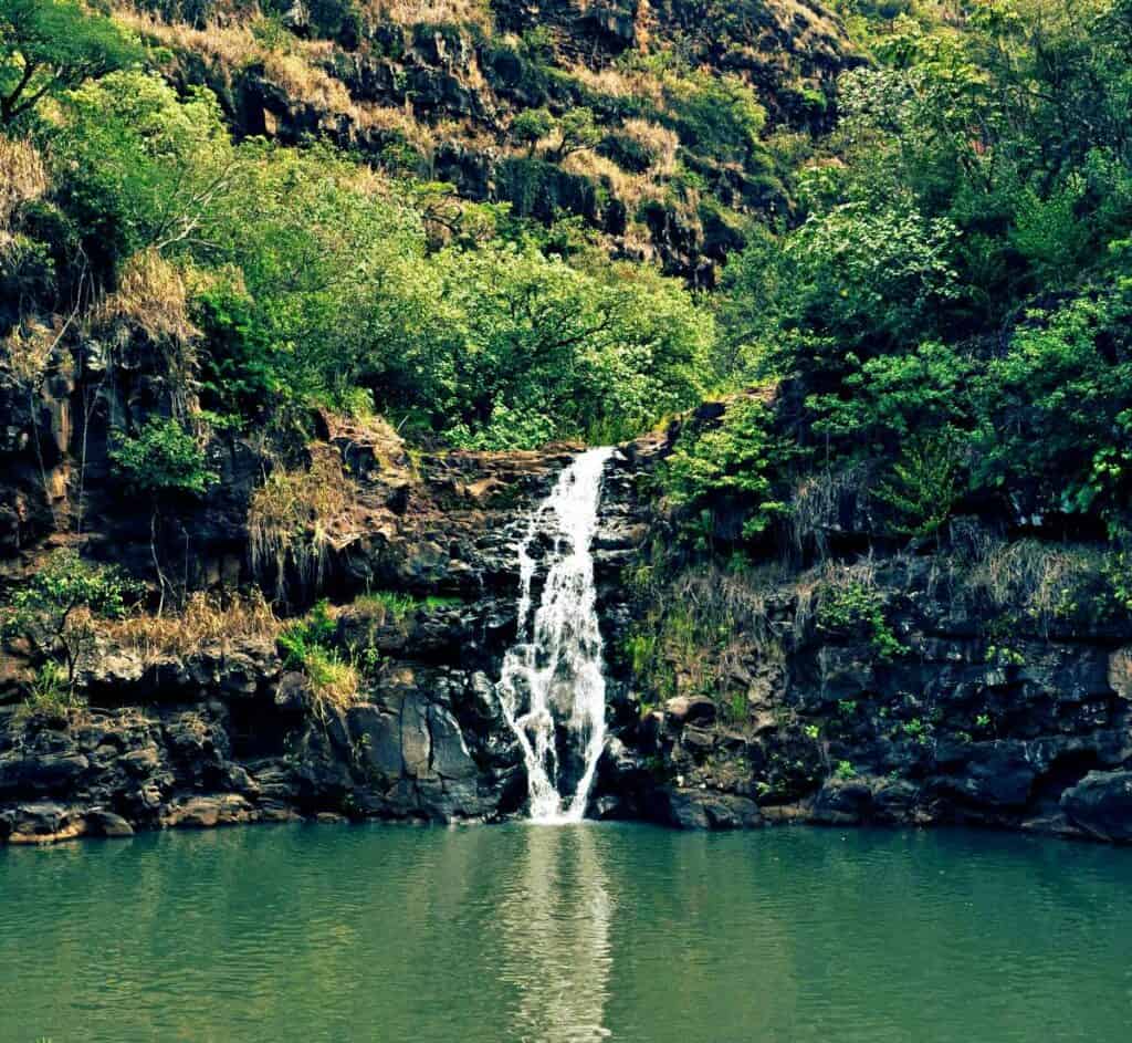 Waterfall in Waimea Valley Botanical Garden, one of the best waterfalls in Oahu to swim