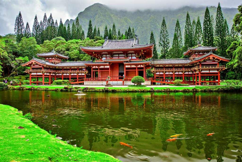 Peaceful Byodo-In Buddist Temple on Oahu in Hawaii in Valley of the Temples Memorial Park