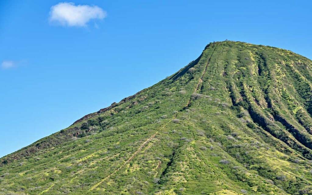 The steep Koko Head Railway Trail up the side of the dormant volcano Koko Head Crater on Oahu in Hawaii