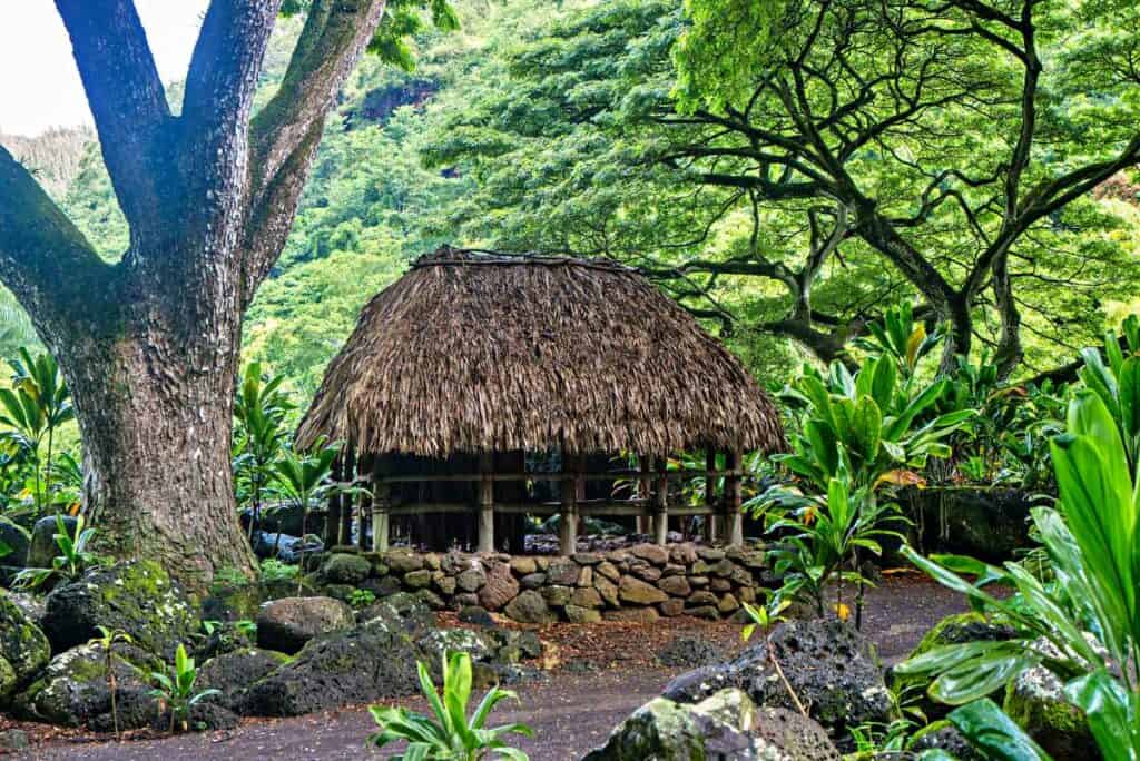 A hale, traditional Hawaiian hut, on Waimea Valley Trail