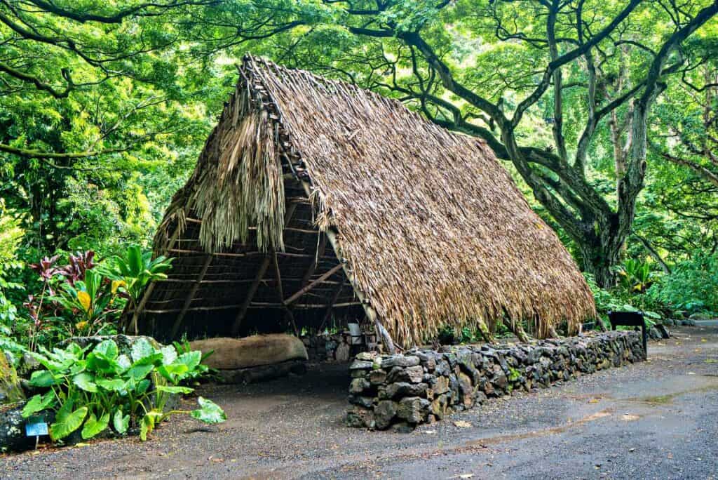 A hale (Hawaiian traditional house) in Waimea Valley