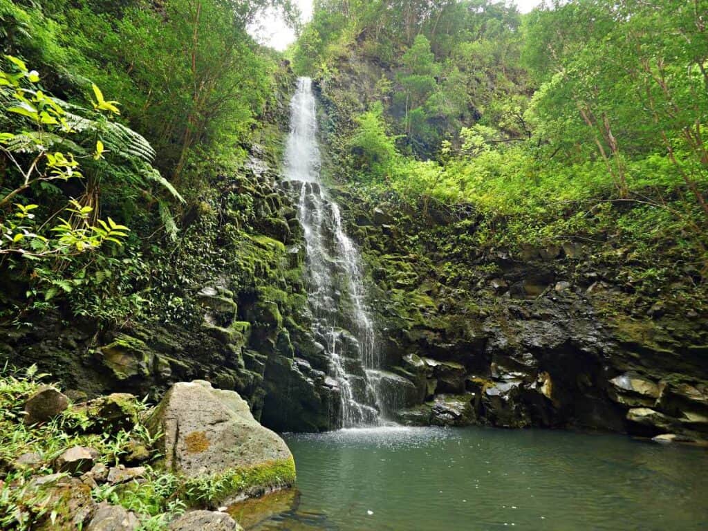 Tropical Hawaiian waterfall, Koloa Gulch falls, Windward side of Oahu