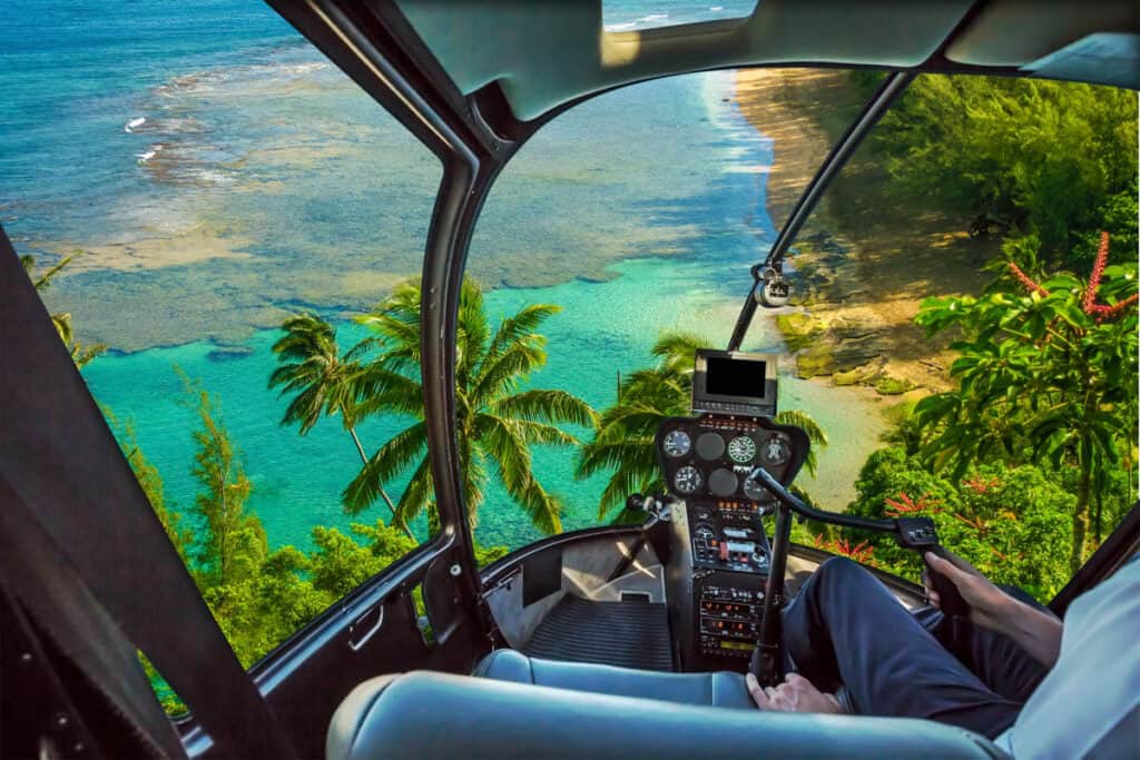 Flying over Ke'e Beach in Kauai, Hawaii, in a helicopter