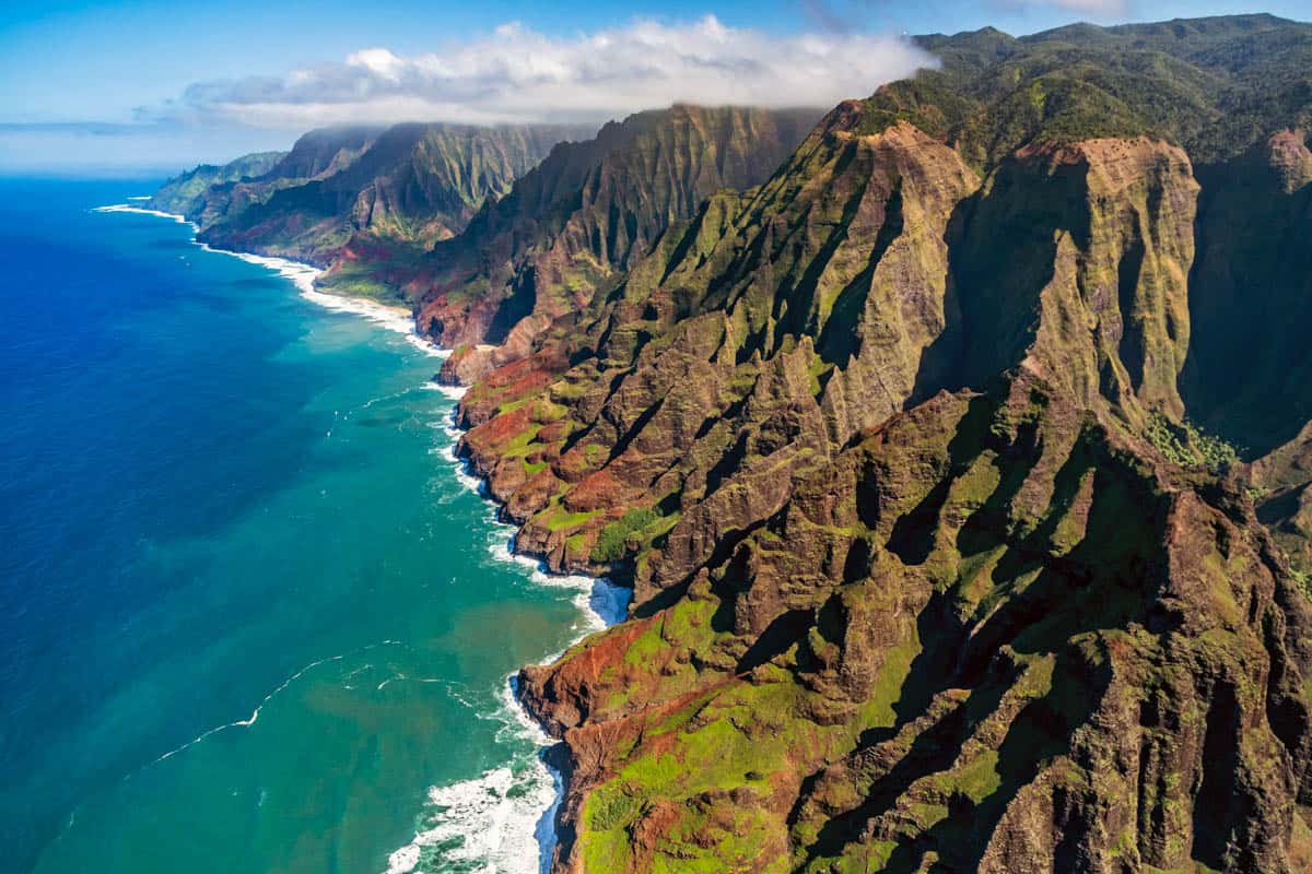 The Na Pali Coast seen from a helicopter tour over Kauai, Hawaii