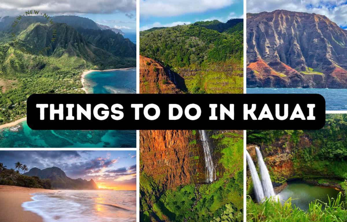 Things to Do in Kauai Collage with Na Pali Coast, wailua Falls, Tunnels Beach, and Waimea Canyon
