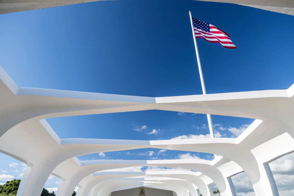 Looking up at the sky from the USS Arizona Memorial in Oahu, HI