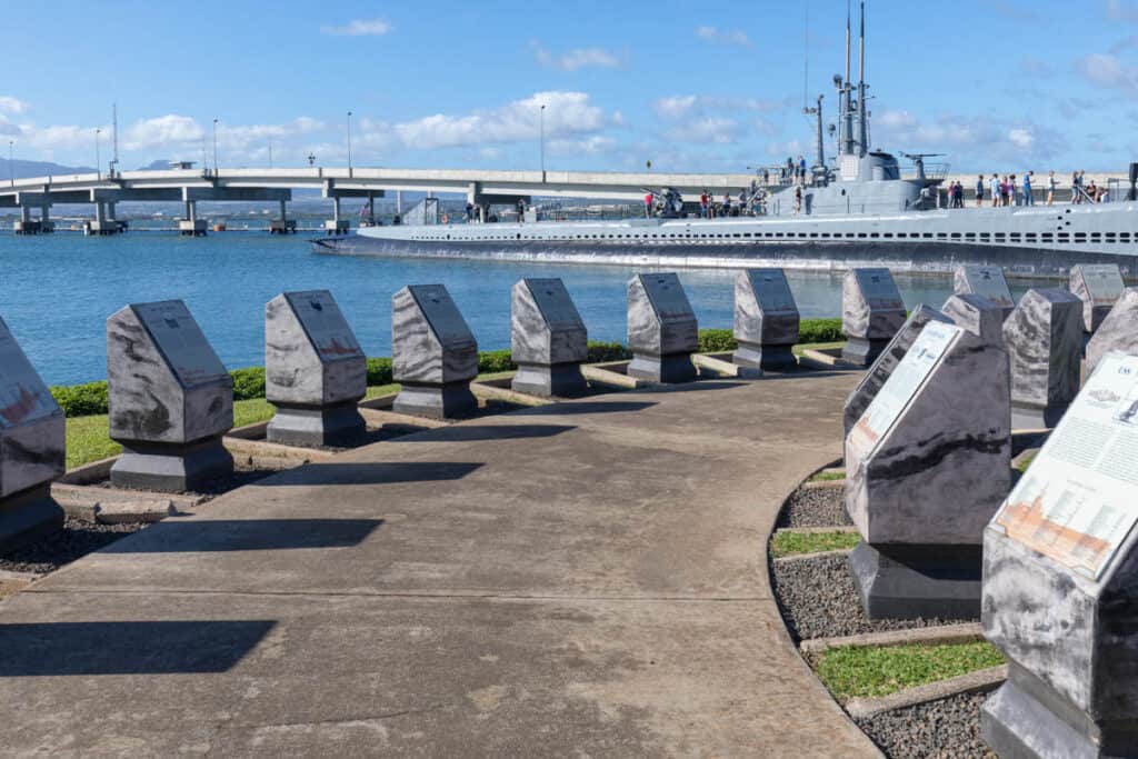 A view of the USS Bowfin in Pearl Harbor, with the Ford island Bridge behind. Oahu, Hawaii