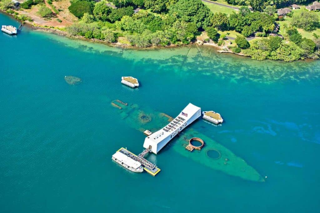 Paying respects at USS Arizona war memorial at Pearl Harbor over sunken battleship, one of the best things to do in Honolulu