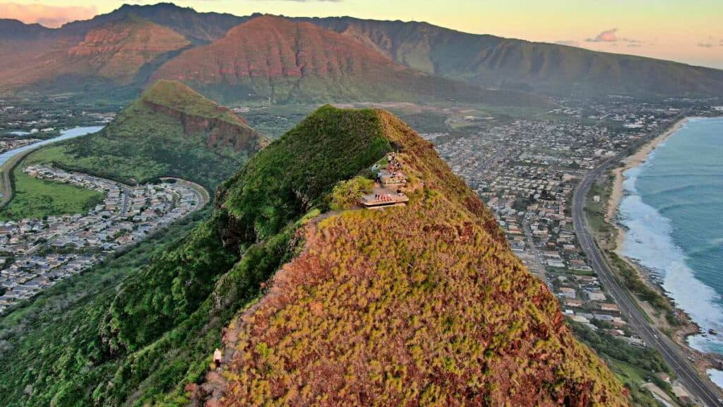 Aerial view of the Pink Pillbox Hike, one of the best easy Oahu hikes on the west coast