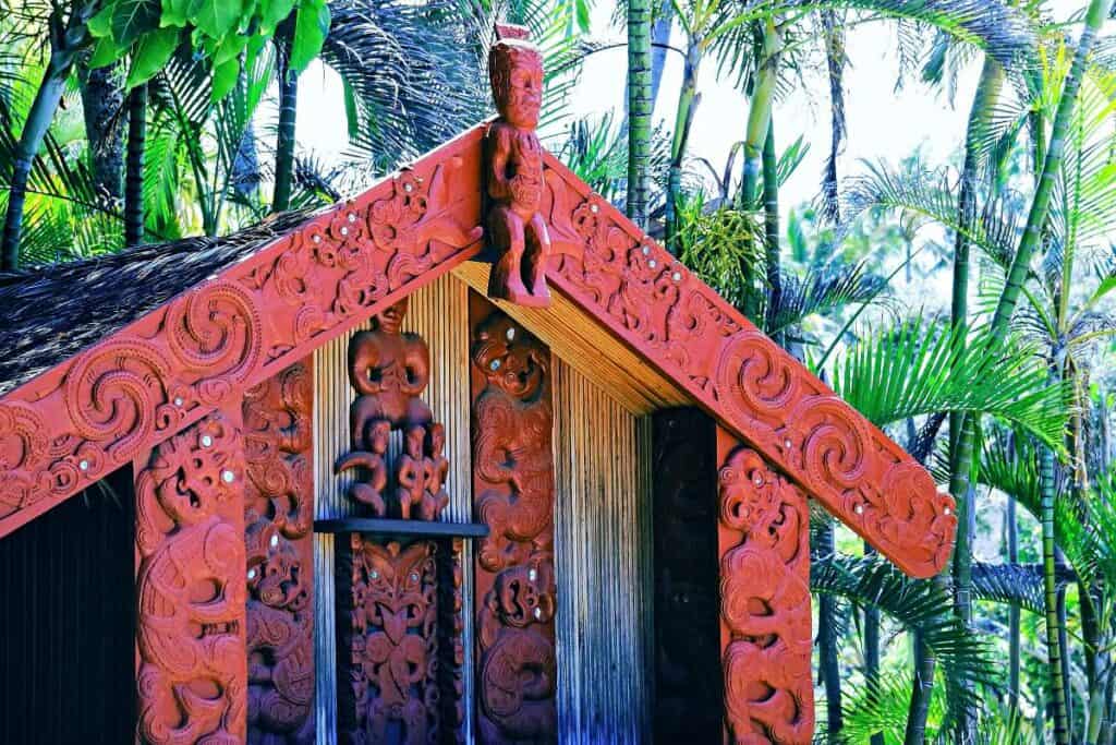 Carvings on a Maori Pataka (food store) in the Aotearoa Village (New Zealand) at the Polynesian Cultural Center