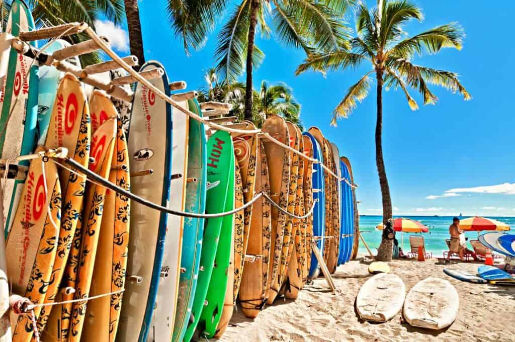 Surfboards in the rack at Waikiki Beach - Honolulu