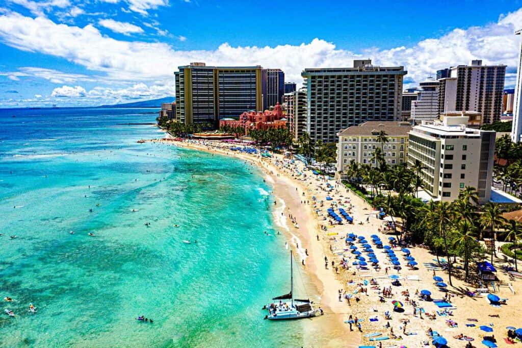 Waikiki Beach lined with resorts and activities