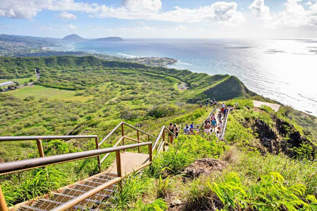 Hiking the Diamond Head Summit Trail, one of the best easy Oahu hikes, but with climbing