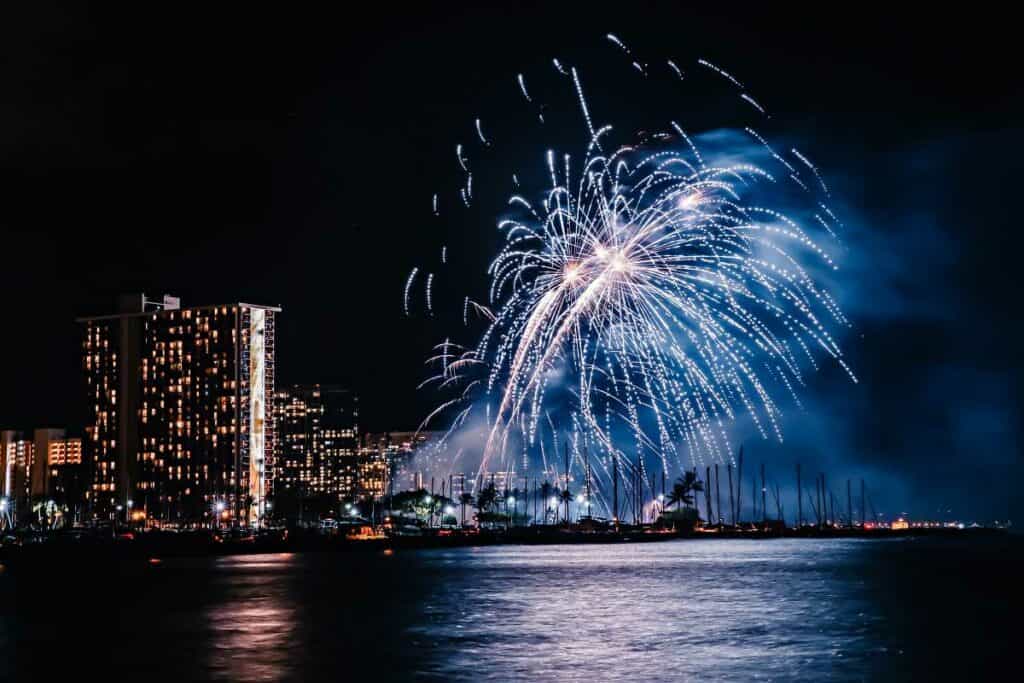 Watching fireworks from Ala Moana Beach Park and Magic Island, one of the best free things to do in Waikiki