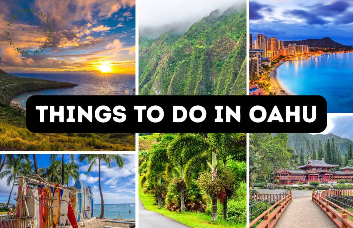 Things to do in Oahu featured image collage -- Hanuama Bay, Waikiki Beach, Byodo In Temple, Hoomaluhia Botanical Garden