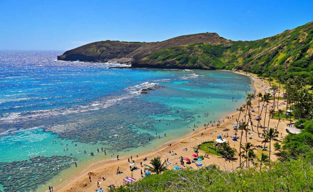 Hanauma Bay, one of the best Oahu beaches for snorkeling, on the windward side