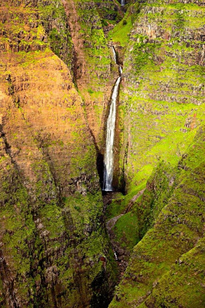 Close up helicopter view of Waipo'o Falls Kauai, Hawaii
