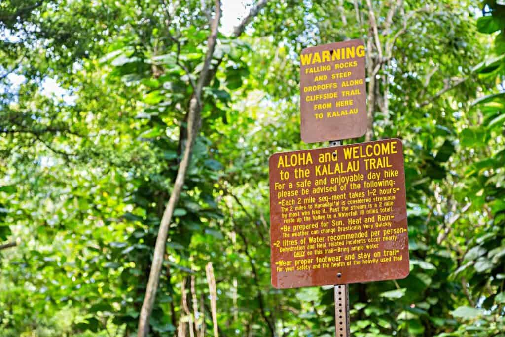Dehydration is a common risk: signs before Kalalau trail on the island Kauai, Hawaii