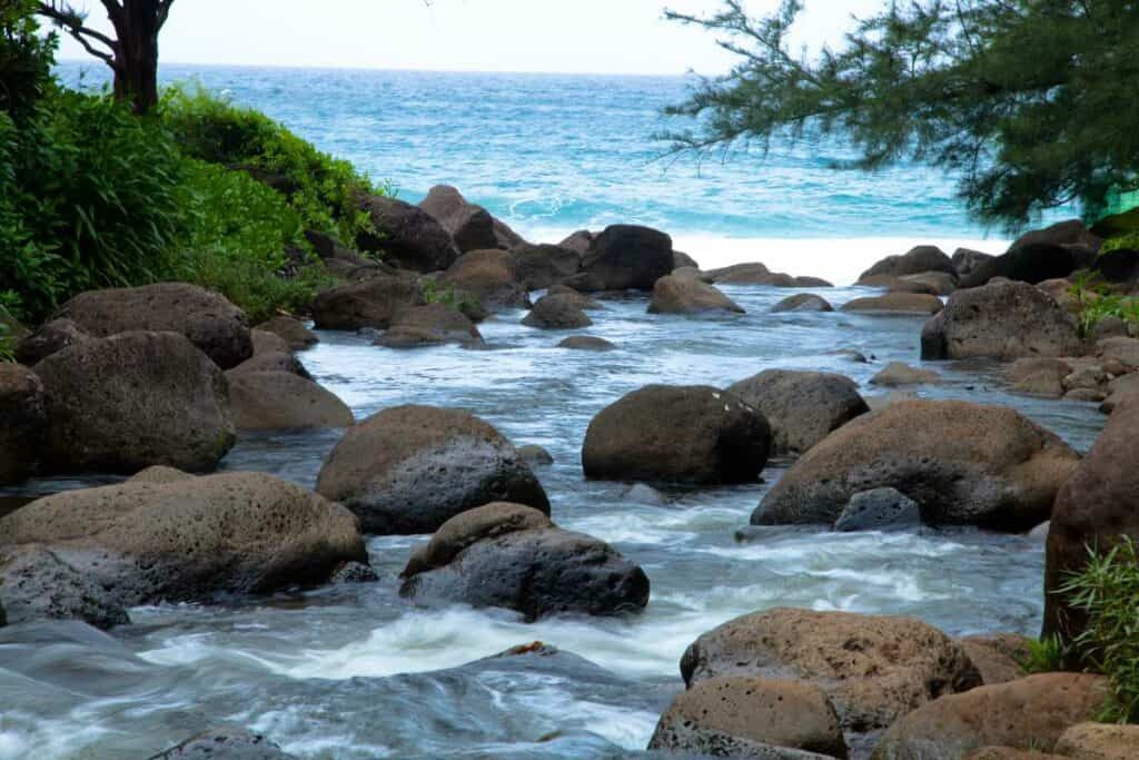 Hanakapiai Stream flowing to the ocean