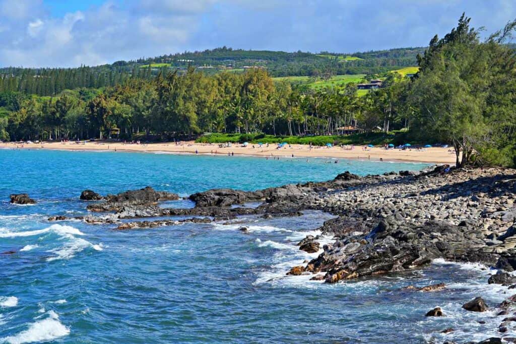 D.T. Fleming Park beach as seen from Makaluapuna Point, off the Kapalua Coastal Trail in West Maui, Hawaii