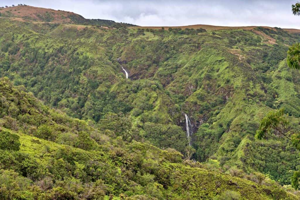 Scenic Makamakaole Falls vista from the Waihee Ridge Trail, Maui, Hawaii