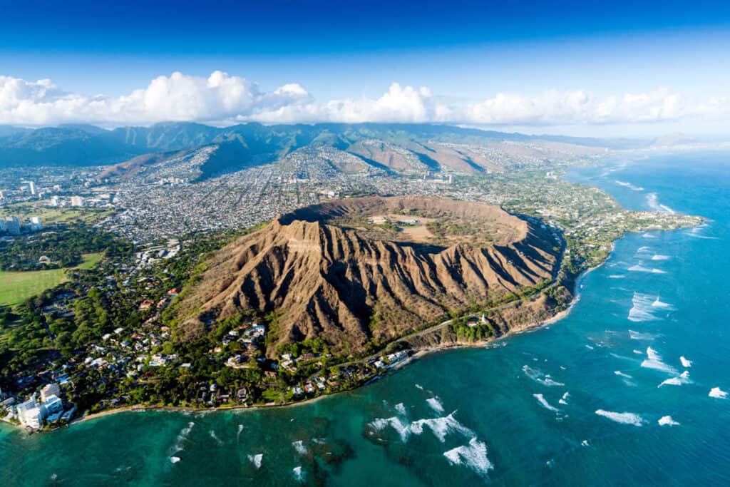 Diamond Head, Oahu, Hawaii, seen from a helicopter tour over the island
