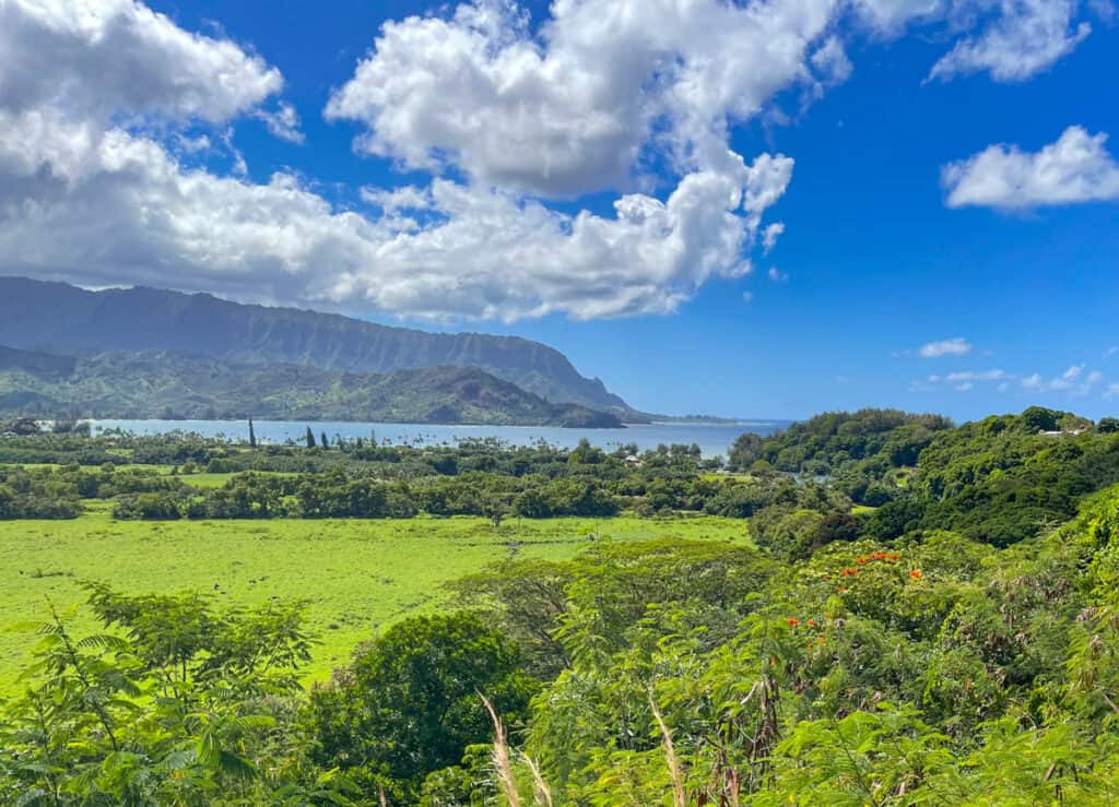 Hanalei Bay from a lookout near the town of Hanalei in Kauai, HI