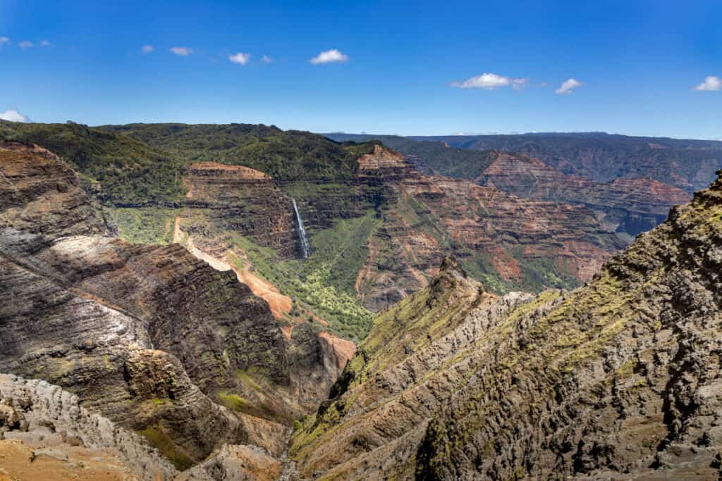 A view of Waipo'o Falls from the Pu'u Ka Pele Lookout in Waimea Canyon State Park in Kauai, HI