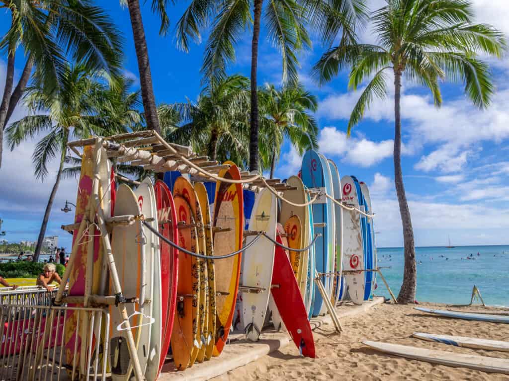 Surfboards on Waikiki Beach in Oahu, Hawaii