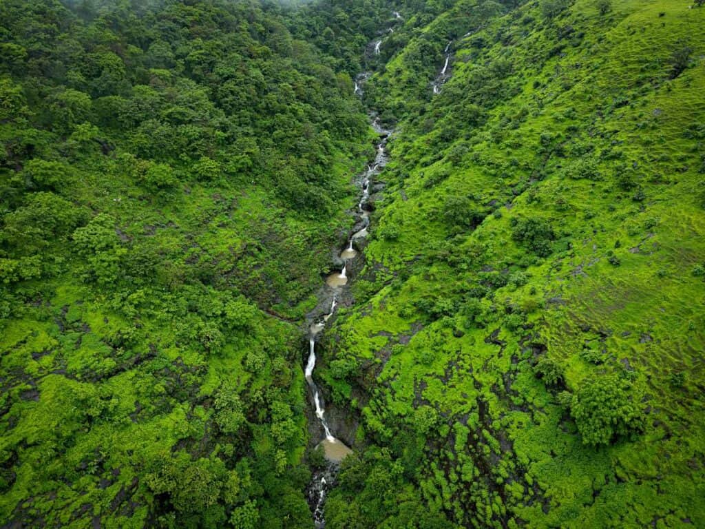Aerial view of Honokohau Falls, one of the tallest waterfalls on Maui